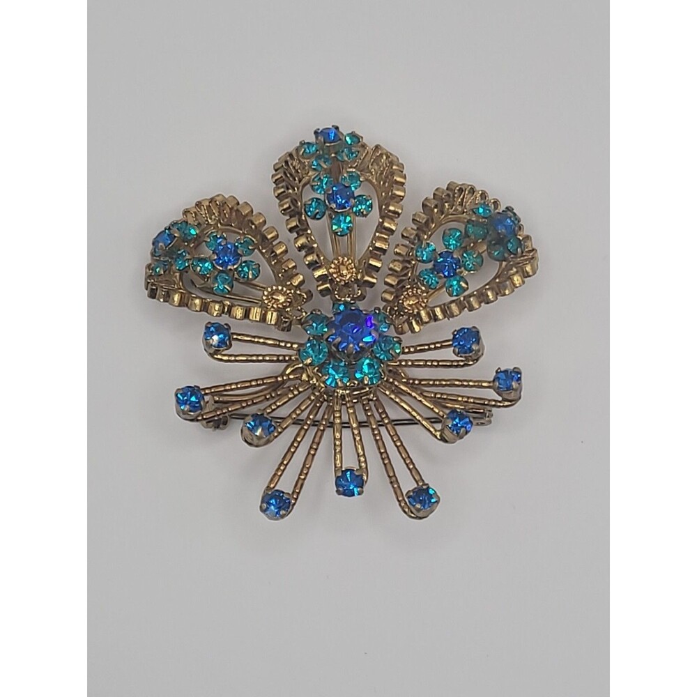 Vintage Brooch Starburst Blue Green Rhinestones Gold Tone Ornate Statement - Picture 8 of 16